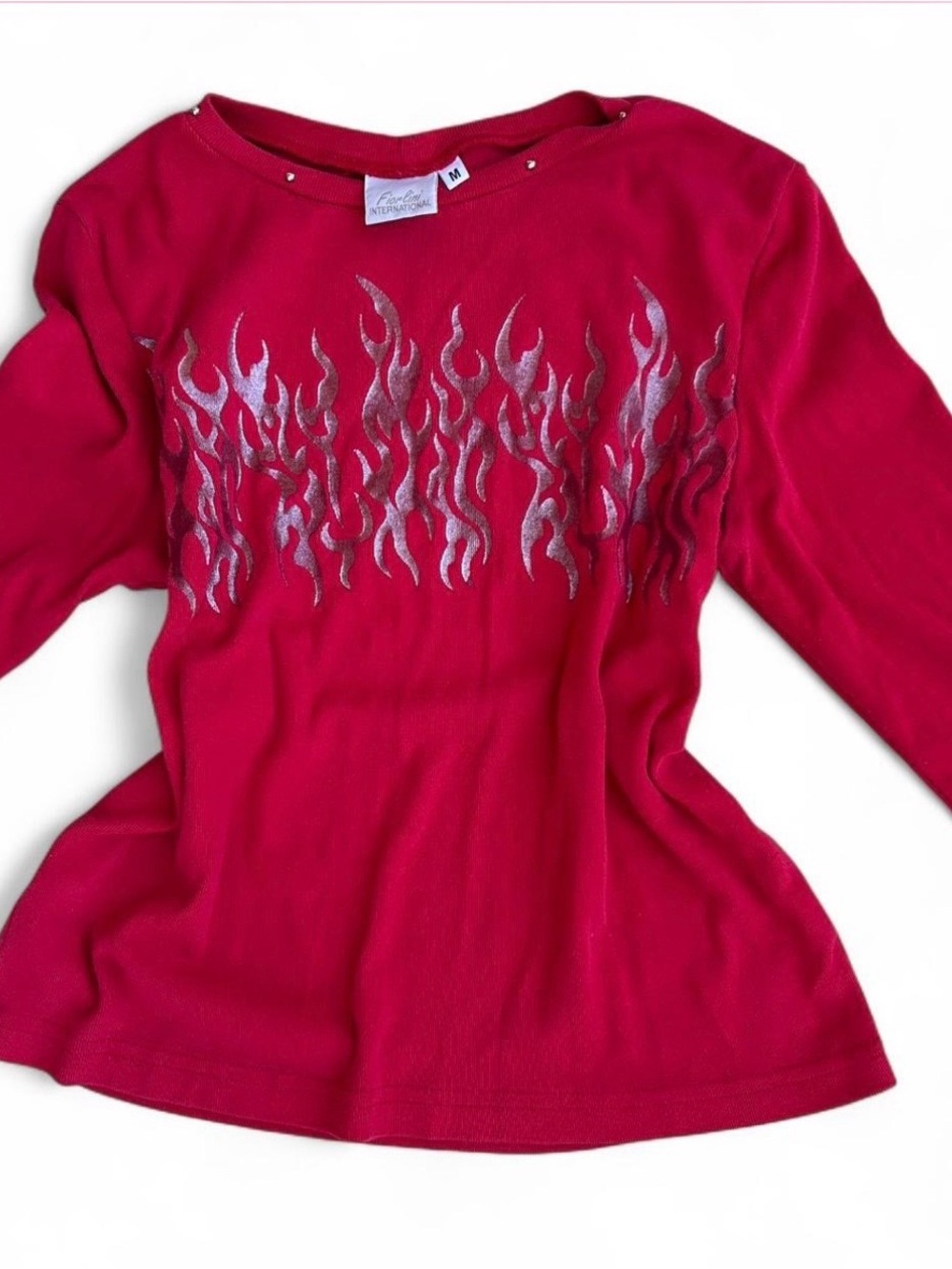 Y2K Metallic Flame Long Sleeve Top Size M McBling Fairy Grunge 2000s Vintage